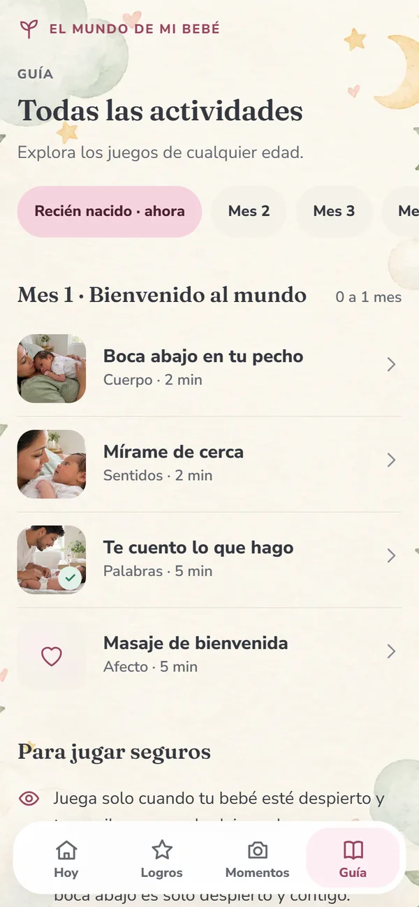 Guía de la app con las actividades del primer mes: Boca abajo en tu pecho, Mírame de cerca, Te cuento lo que hago, Masaje de bienvenida