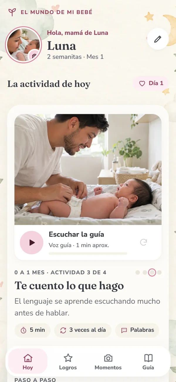 La app por dentro: la actividad de hoy con foto y guía por voz, los pasos, los logros de la etapa y la guía con todas las edades