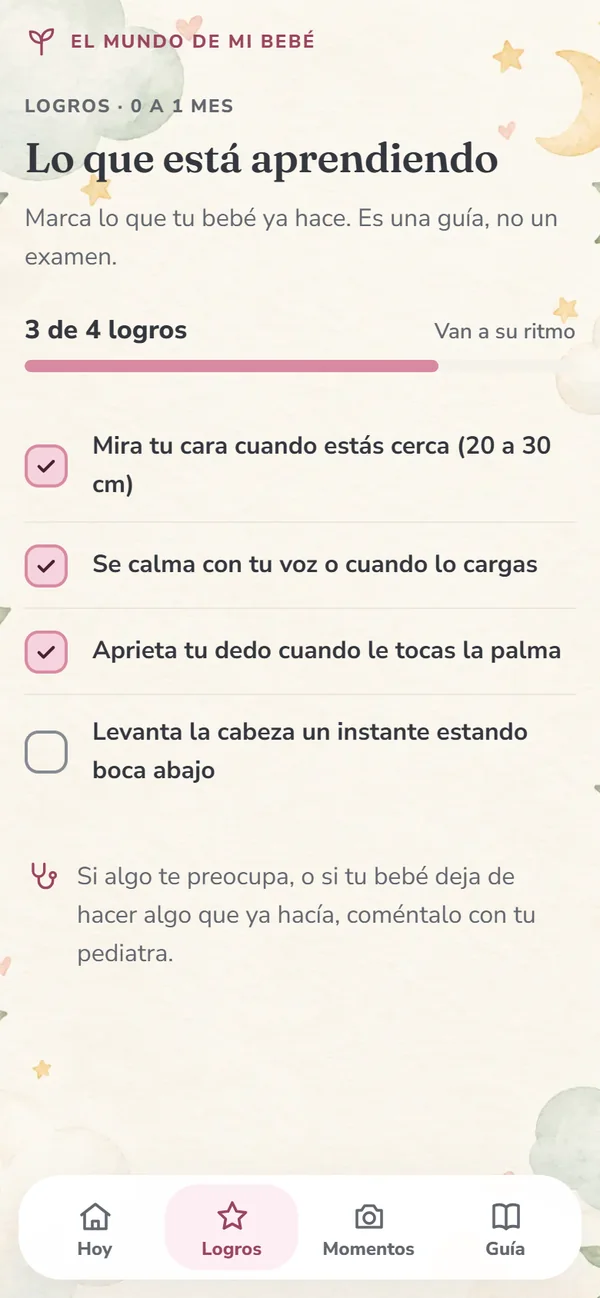 Pantalla de logros: tres de cuatro logros marcados para la etapa de 0 a 1 mes