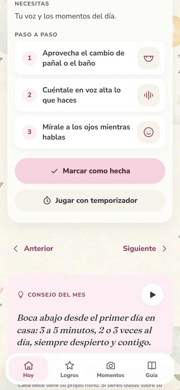 Pasos de una actividad en la app: aprovecha el cambio de pañal, cuéntale en voz alta lo que haces, mírale a los ojos