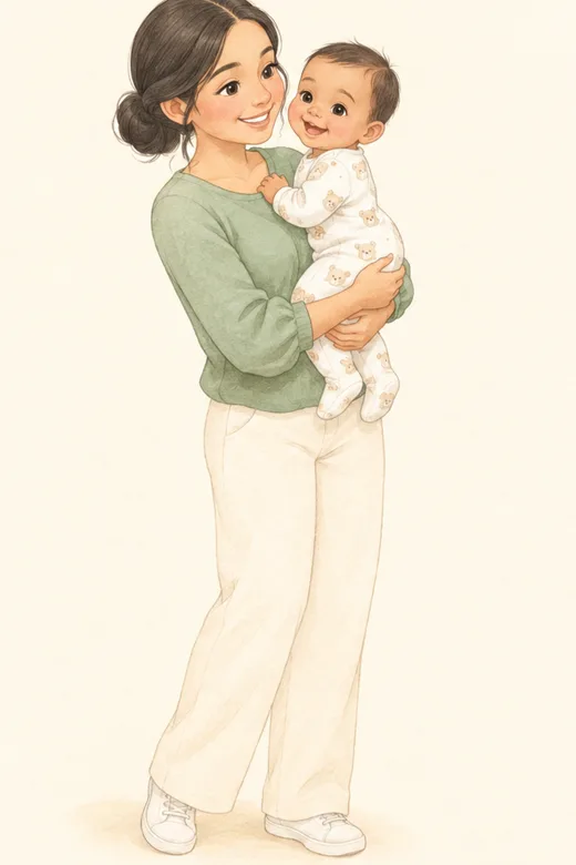 Ilustración de una mamá con su bebé en brazos